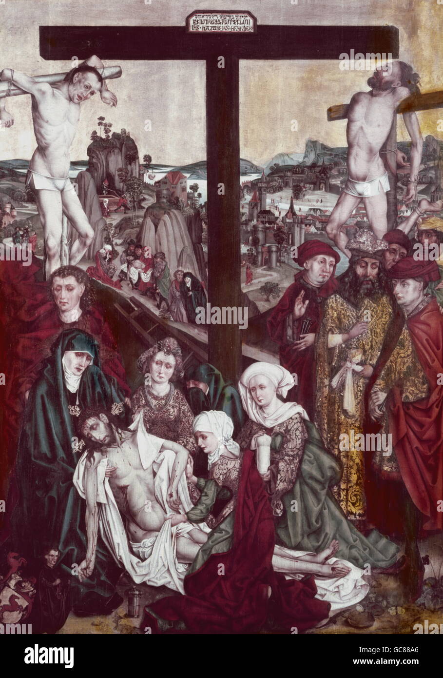 Bildende Kunst, Wolgemut, Michael, (1434-1519), Malerei, "Die Kreuzabnahme" (Christus entfernt vom Kreuz), 1490, Sankt-Lorenz-Kirche, Nürnberg, Deutschland, Stockfoto