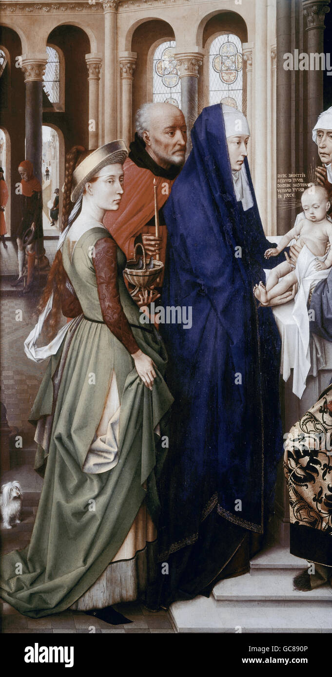 Bildende Kunst, Weyden, Rogier van der (ca. 1399 / 1400-1464), Malerei, "St. Columba Altarpiece", Detail, "Darstellung im Tempel", ca. 1455, Öl auf Holzplatte, 138 cm x 70 cm, Alte Pinakothek, München Stockfoto