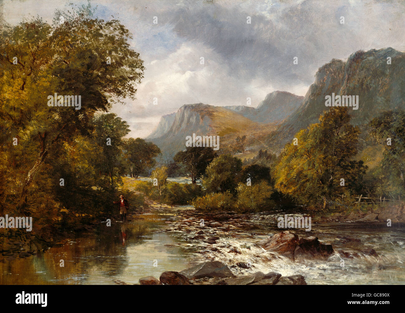 Bildende Kunst, Whittaker, James William, (1828-1876), Malerei, romantische Bergwelt mit einem Angler am Fluss Öl auf Leinwand, 43 x 61 cm, Privatsammlung, München 1858, Stockfoto