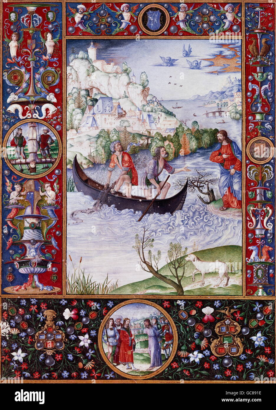 Bildende Kunst, Matteo da Milano (aktive 1492-1523), Miniatur, Christus mit Saint Peter and Saint Andrew, 15. Jh. / 16. Jh., Strossmayer Gallery, Zagreb, Kroatien Stockfoto