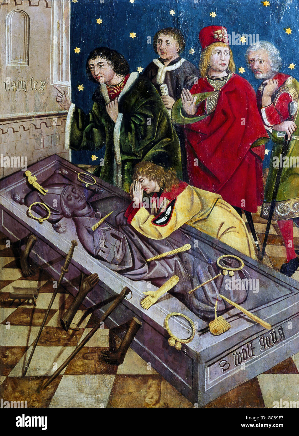 Bildende Kunst, Mittelalter, Deutschland, "Pilger Verlegung Wachsfiguren als Votiv Ablagerungen auf dem Grab des Heiligen Wolfgang" Malerei, unbekannter Künstler, Öl auf Holz, Süddeutschland, ca. 1480, Altar Tafelmalerei, Hochaltar, Saint Wolfgang Church, Pipping, Deutschland Stockfoto