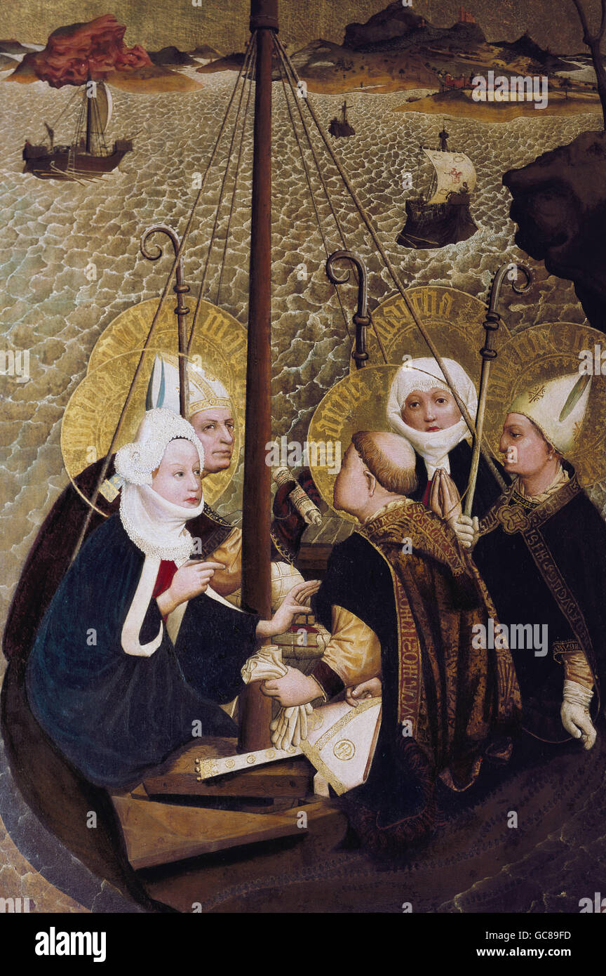 Bildende Kunst, Moser, Lucas, (ca. 1390 - nach 1434), Malerei "Der Seereise der Heiligen Mary Magdalene, Martha, Lazarus, Maximus und Sidonius", detail, "Magdalenenalter" (Magdalene Altar), Tiefenbronn Pfarrkirche, Öl auf Holz, Deutschland, 1431, Stockfoto