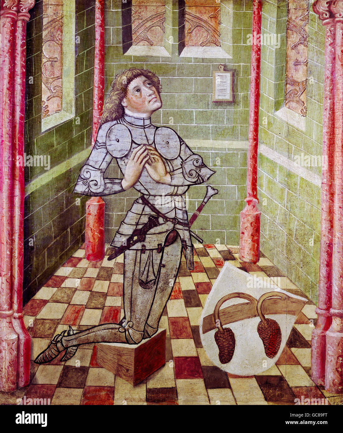 Bildende Kunst, Mittelalter, Deutschland, Malerei "Ritter in einer Kapelle zu beten", unbekannter Künstler, Kasein auf Holz, Pfarrkirche Eggenfelden, ca. 1450, Bayerisches Nationalmuseum, München, Stockfoto
