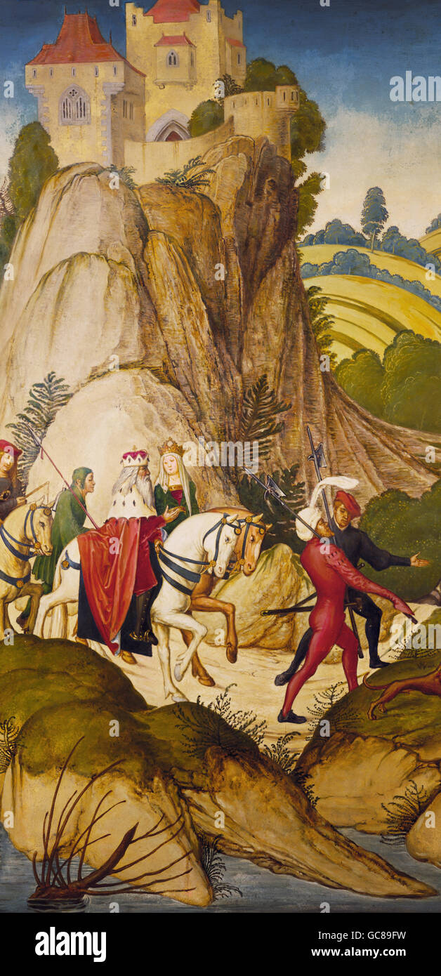 Bildende Kunst, Frueauf, Rueland der ältere (ca. 1445-1507), Malerei, "Der Ausritt des Heiligen Leopold" (Saint Leopold Ausritte), um 1500, 76 x 39 cm, Klosterneuburg Klostermuseum Stockfoto