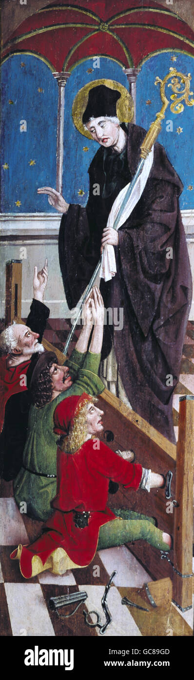 Bildende Kunst, Mittelalter, Deutschland, Malerei, "Sträflinge in den Beständen zu St. Wolfgang zu beten", vom "Pipping Master", Pipping, Deutschland, 1480, Stockfoto