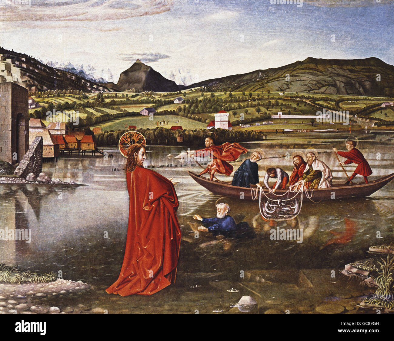 Bildende Kunst, Witz, Konrad, (1400-1446), Malerei, "Wundersame Tiefgang Fish", "Saint Peter Altar", Mitteltafel, Deutschland, 1444, Musee d ' Art et d ' Histoire, Genf, Stockfoto