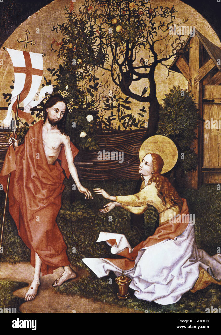 Bildende Kunst, Schongauer, Martin (ca. 1450-1491), Malerei, "Noli me Tangere" (Rühr mich nicht!), Altar Panel, Dominikanerkirche Colmar, Hochaltar, Deutschland, 1480, Stockfoto