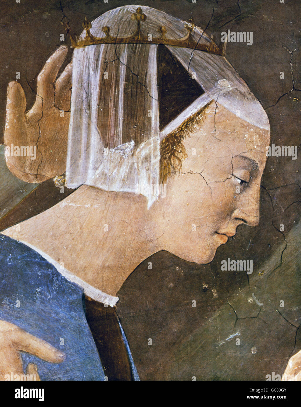 Bildende Kunst, Francesca, Piero della (ca. 1420-1492), Malerei, "Die Königin von Saba verehren das Holz des Kreuzes Christi", Basilika San Francesco, Assisi, fresco, detail, 1452 / 1459, Stockfoto