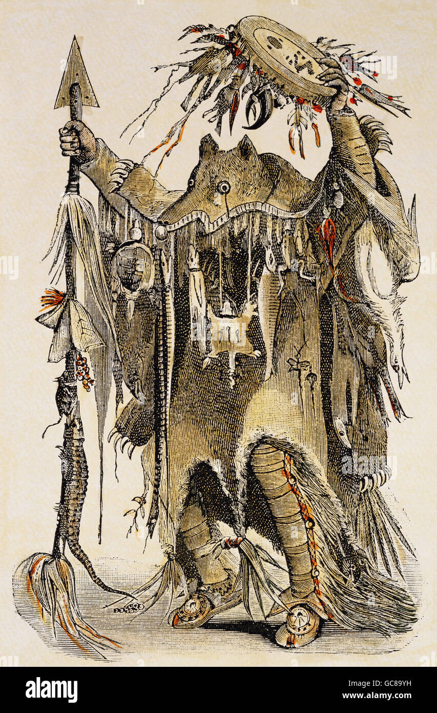 Personen, Ethnologie, Männer, Schwarzfuß-Indianer, Medizinmann, Holzstich, farbig, aus 'Nordamerikanischen Indianern', von George Catlin, deutsche Ausgabe, Leizig, Deutschland, 1851, Privatsammlung, Zusatzrechte-Clearences-nicht vorhanden Stockfoto