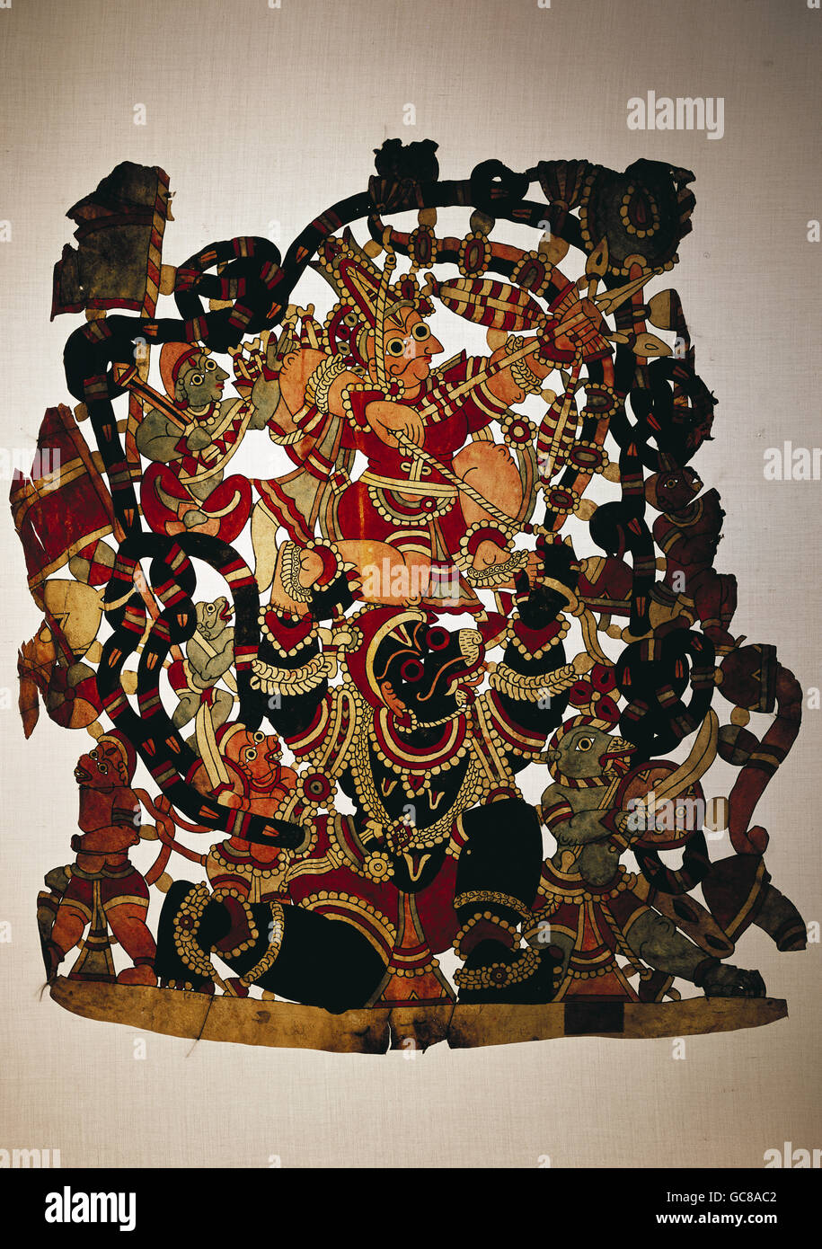 Theater, Schattenspiel, Indien, Krishna begleitet von Hanuman, Perlumschnitt, Mysore, 19. Jahrhundert, Münchner Stadtmuseum, Mysuru, indische Mythologie, Religion, hinduismus, Marionette, marionetten, gott, Götter, Gottheit, Bogenschütze, Affen, Affenarmee, Asien, historisch, historisch, Zusatzrechte-Clearences-nicht vorhanden Stockfoto