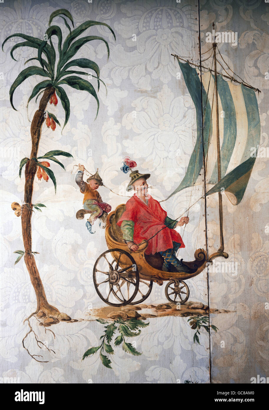 Bildende Kunst, Tapete, Chinoiserie, edle Chinesen in einem Segel-Wagen, Malerei im Stil der Esias Nilson, print, Deutschland, Ende des 18. Jahrhunderts Stadt Museum Memmingen, Stockfoto