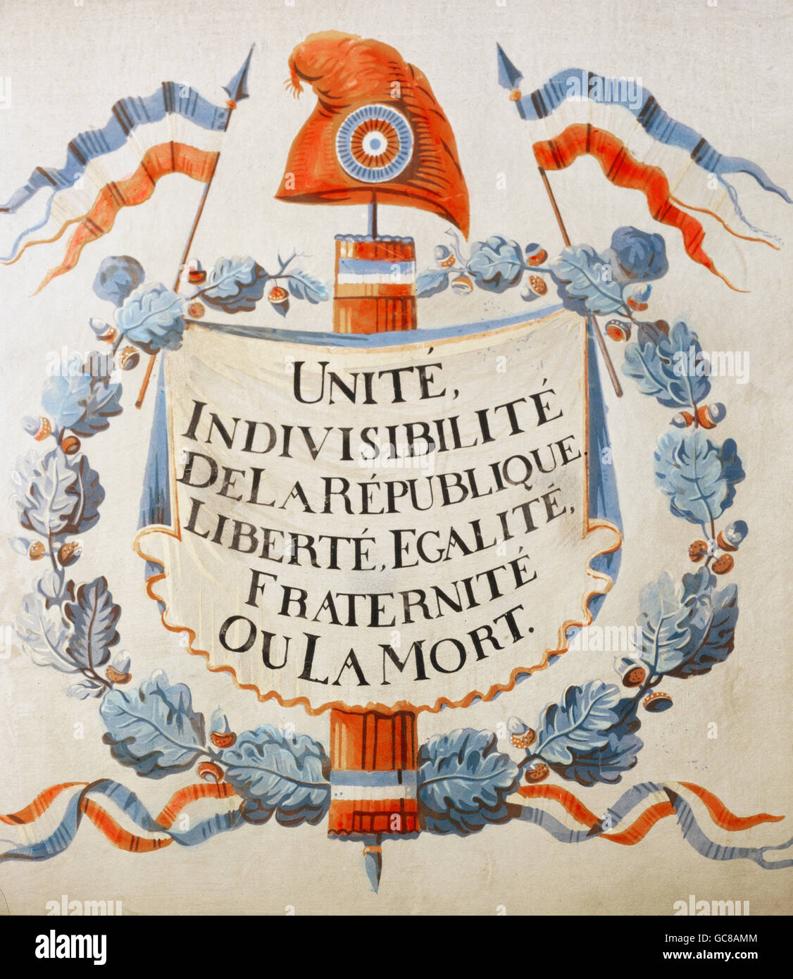 Geographie / Reisen, Frankreich, Revolution 1789 - 1799, Symbole, Motto: 'Einheit, Unteilbarkeit der Republik, Freiheit, Gleichheit, Verbrüderung oder Tod', Tapete, handgedruckt von Jacquemart et Benard, Paris, um 1790, Nachdruck von Galli Thierry and Co., Paris, 1974, Deutsches Tapetenmuseum Kassel, , Additional-Rights-Clearences-not available Stockfoto