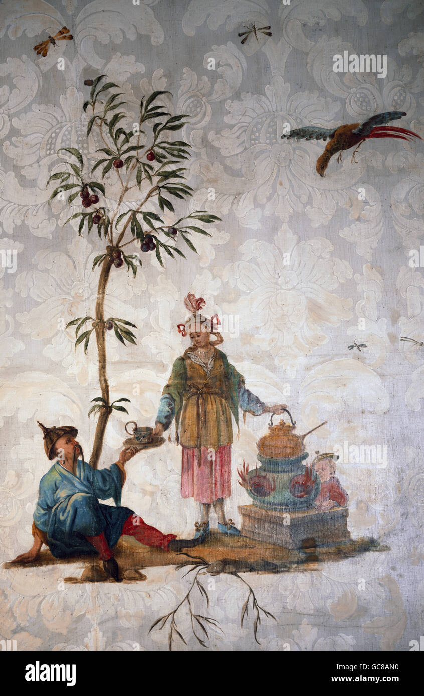 Bildende Kunst, Tapete, Chinoiserie, Teezeremonie, Malerei im Stil der Esias Nilson, print, Deutschland, spätes 18. Jh., Stadt-Museum-Memmingen, Stockfoto