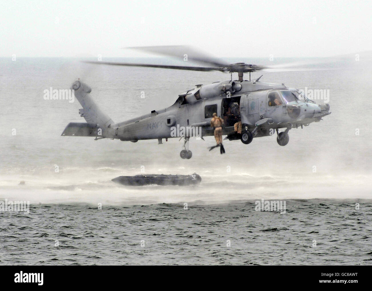 U.S. Navy SEALS fallen ins Meer aus einem HH - 60H Seahawk Hubschrauber während einer simulierten Strand Angriff Übung auf gemeinsame Expeditionary Base Little Creek 17. Juli 2010 in Fort Story, Virginia. Stockfoto