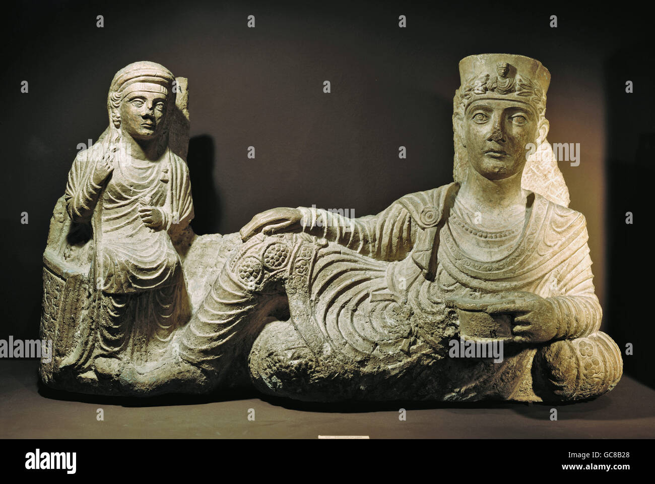 Bildende Kunst, antike, Römisches Reich, Skulptur, Beerdigung Bankett, Kalkstein, Palmyra, Syrien, 2. Jh., Nationalmuseum in Damaskus Stockfoto