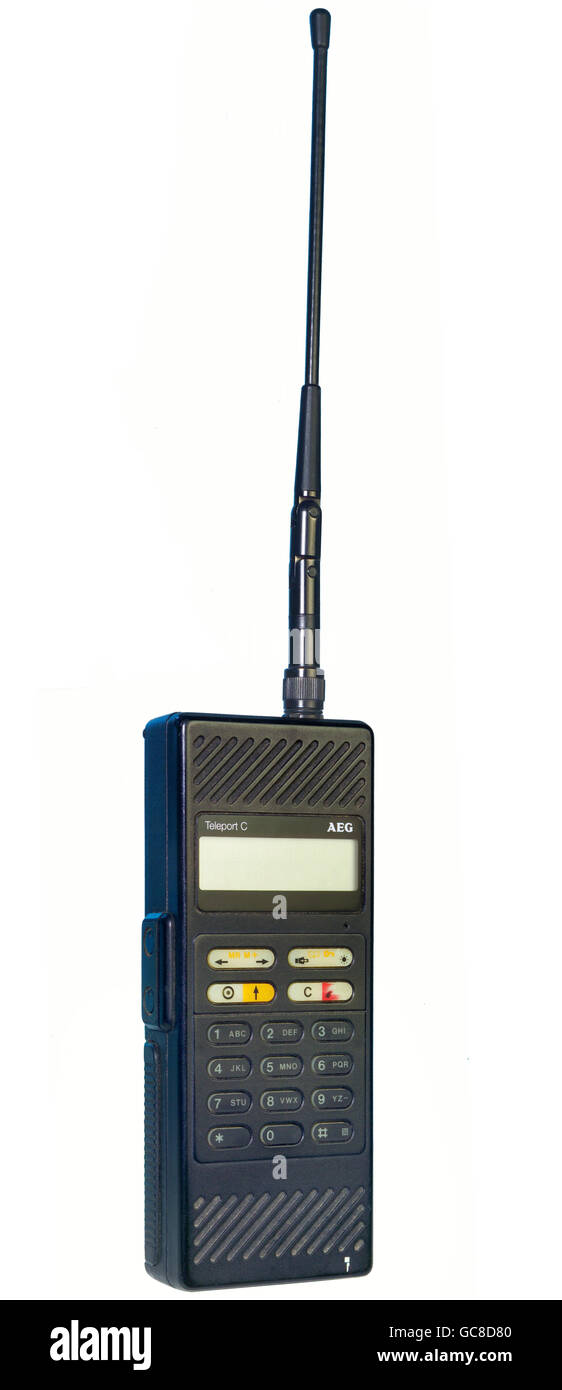 Technik, Telefon, Mobiltelefon, AEG Teleport C-1, 624 g, sehr frühes Mobiltelefon, Antenne, zweimal klappbar, Deutschland, 1991, Zusatzrechte-Abfertigung-nicht vorhanden Stockfoto