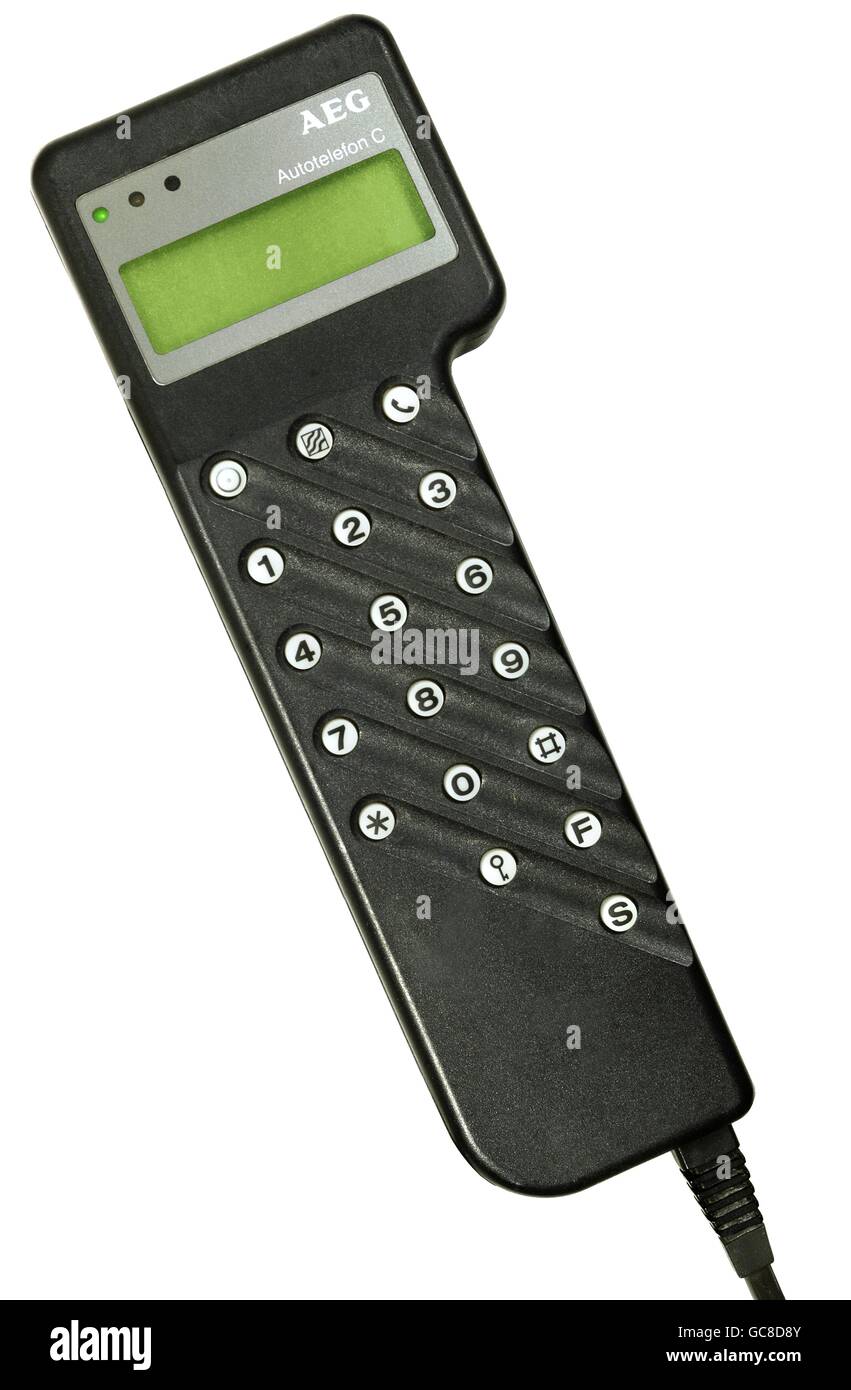 Technik, Telefon, carphone, erstes carphone im neuen C-Netz, AEG BEI 450C, hauptsächlich für feste Installation, aber auch tragbar (schwere Version in Kofferform mit Griff), Detail, Deutschland, 1985, Zusatzrechte-Abfertigung-nicht vorhanden Stockfoto