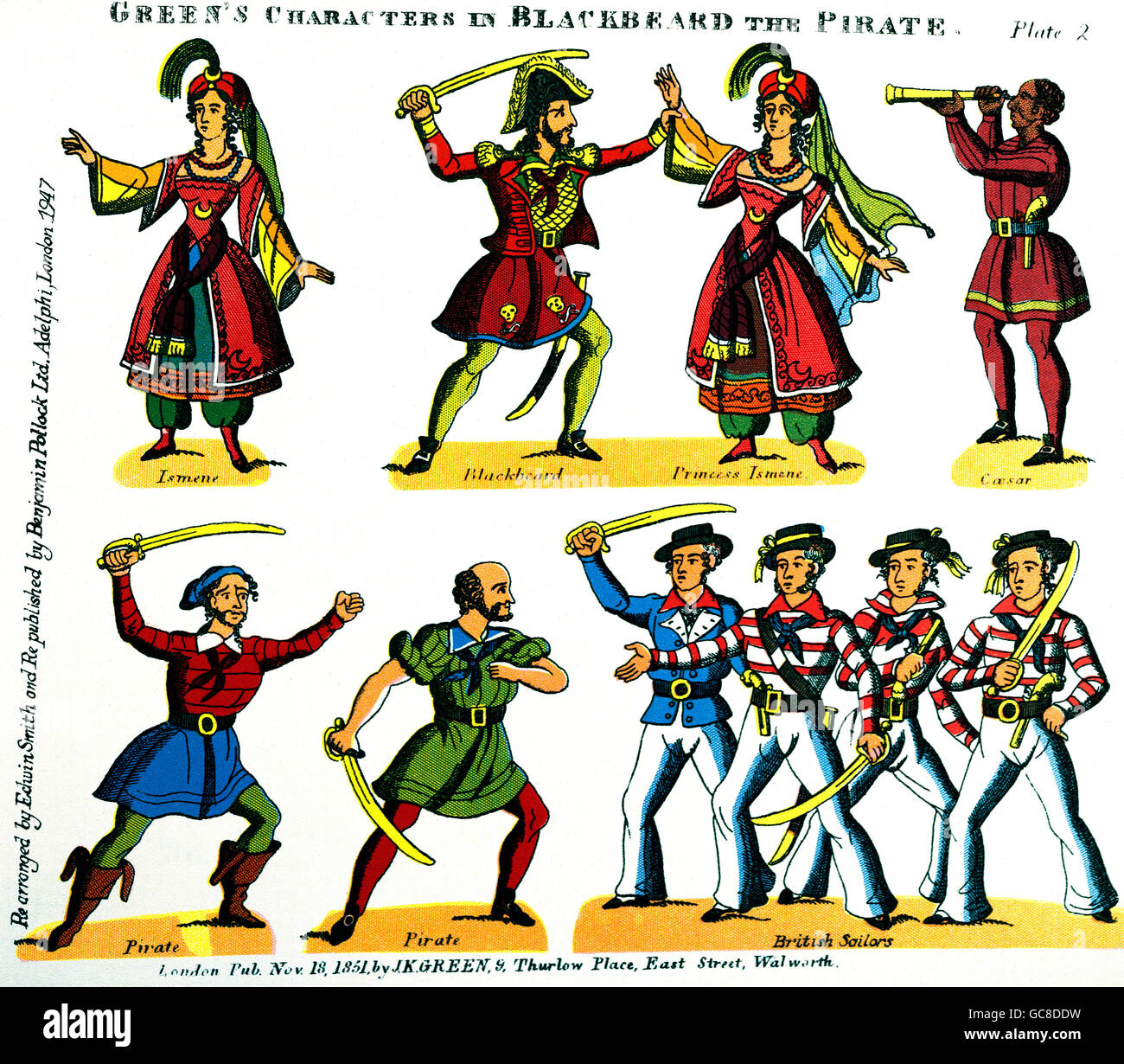 Theater, Theaterstücke, 'Blackbeard the Pirate or the Jolly Buccaneers', Figuren, Lithographie, J. K. Green, London, 1851, München Stadtmuseum, , zusätzliche-Rights-Clearences-not available Stockfoto