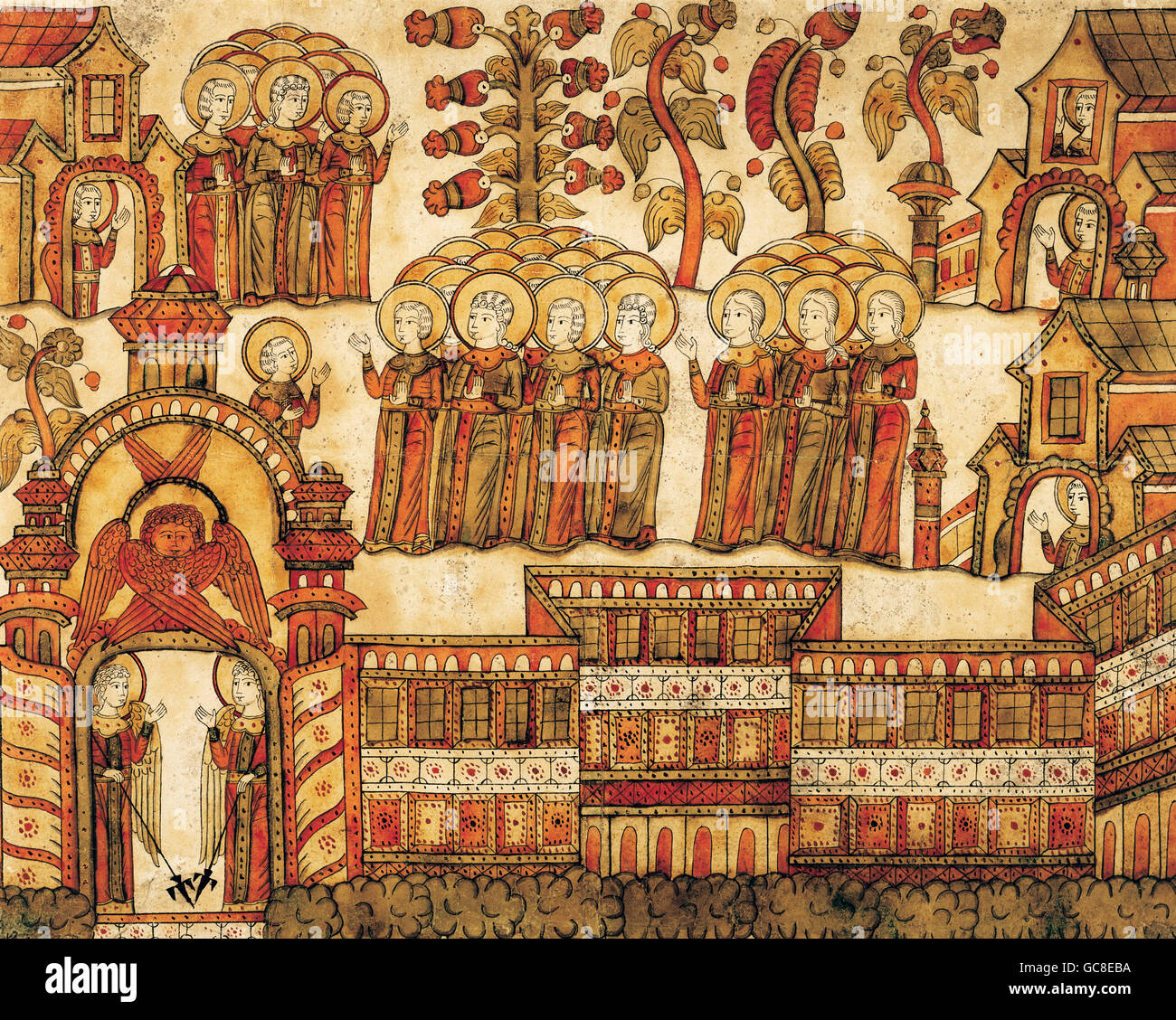 Bildende Kunst, religiöse Kunst, der Paradies-Garten, Tusche und Tempera, 1. Hälfte 19. Jahrhundert, Staatliches Historisches Museum, Moskau, Prozession, Recht, Himmel, Religion, christentum, Russisch-Orthodoxe, Russisch-Orthodoxe, Mauer, historische, Menschen, zusätzliche-Rechte-Clearences-nicht verfügbar Stockfoto