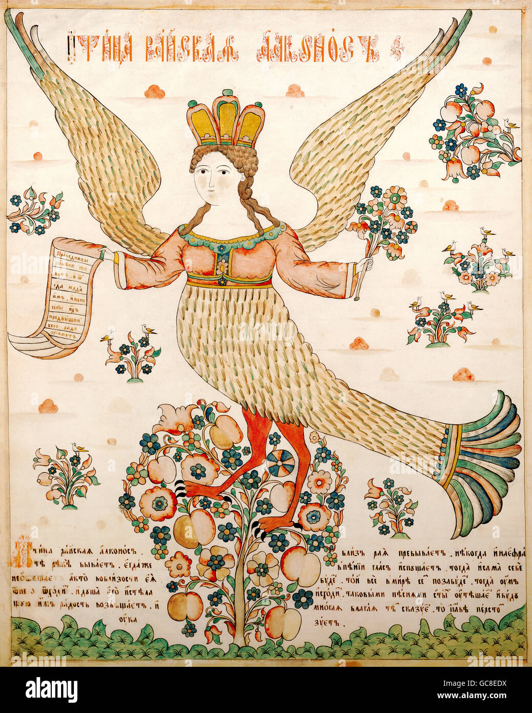Aberglaube, Fabelwesen, Alkonost, Tusche und Tempera, Russland, Anfang des 19. Jahrhunderts, Staatliches Historisches Museum, Moskau, russische Mythologie, Bildende Kunst, Vogel, paradis, historisch, Zusatzrechte-Clearences-nicht vorhanden Stockfoto