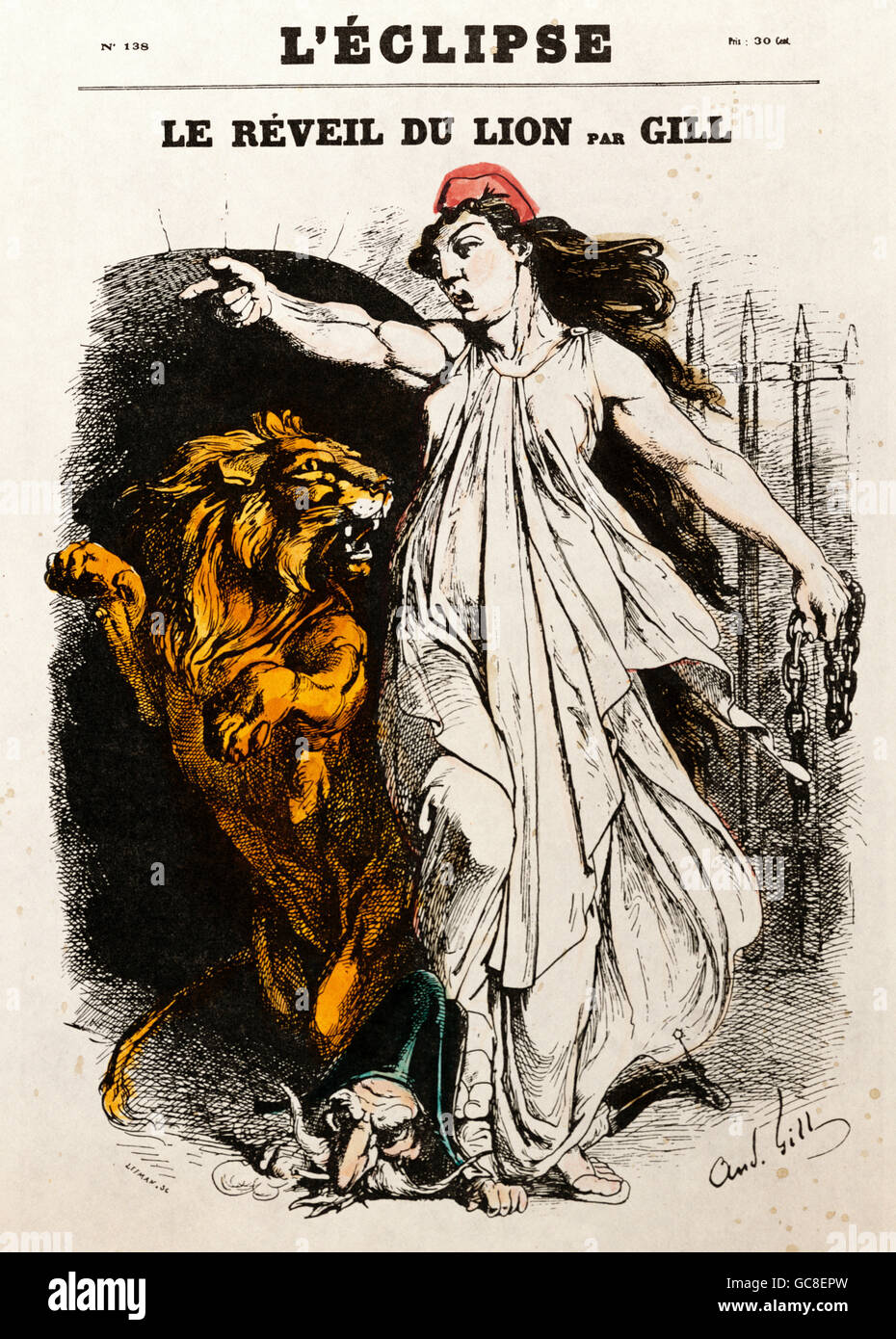 Karikatur, politische Satire, 'Le Reveil du Lion', Cover von L'Eclipse, von Andre Gill, Frankreich, 1870, Zusatzrechte-Clearences-nicht verfügbar Stockfoto