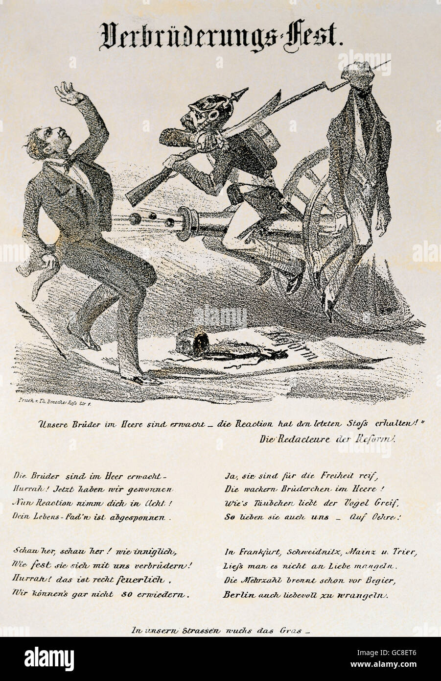 Revolution 1848, politische Karikatur 'Verbrüderungsfest', Sarkasmus über den Sieg reaktionärer, Kreidelithographie, Berlin, Deutschland, 1848, Zusatzrechte-Clearences-nicht vorhanden Stockfoto