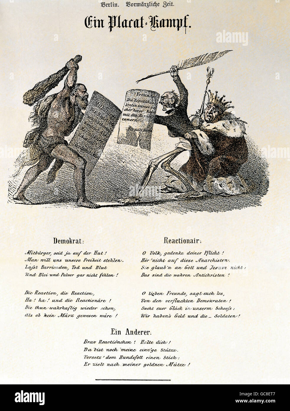 Revolution 1848, politische Karikatur 'ein Plakat-Kampf', Kolorierte Lithographie, Berlin, Deutschland, 1848, Zusatzrechte-Clearences-nicht vorhanden Stockfoto