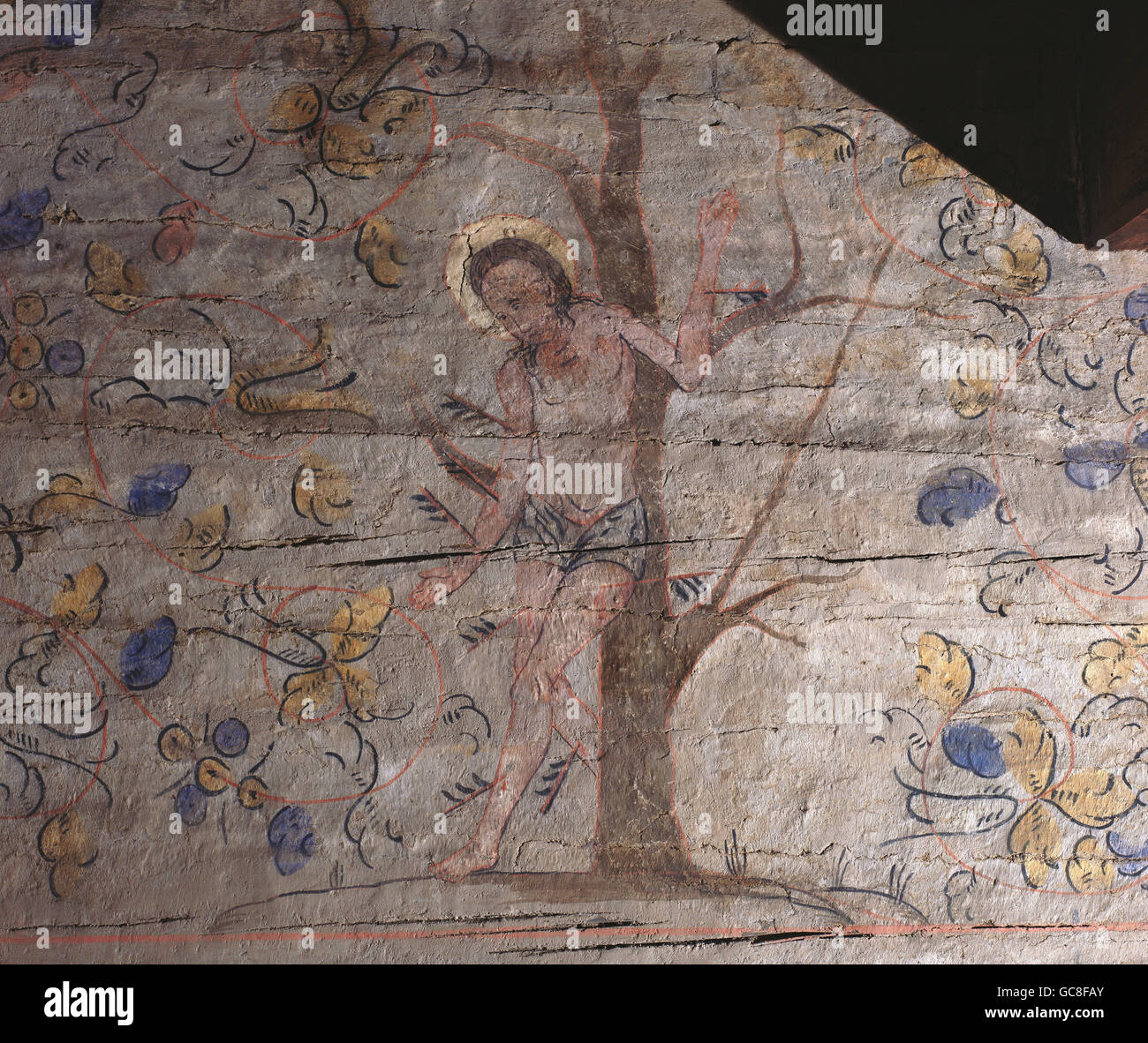 Bildende Kunst, folk Art, Deutschland, Sankt Sebastian, Wandmalerei aus Trylbrunn, Oberbayern, ca. 17. Jahrhundert, Freilichtmuseum Glentleiten, Stockfoto