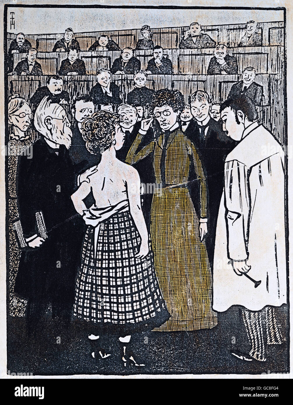 Bildende Kunst, Heine, Thomas Theodor (1867-1948), Grafik, "Kandidat, was Ihre Aufmerksamkeit auf diese Patienten? -, Dass die Person trägt eine seidene Unterrock! ", Kreide Lithographie, 'Simplizissimus', Albert Langen, München, 1901, Privatsammlung, Ar Stockfoto