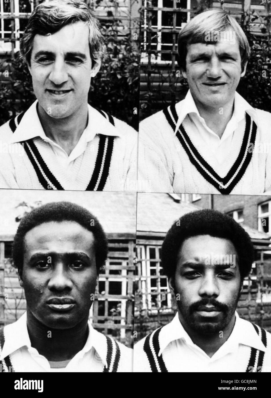 Club Captain Mike Brearley (oben links), Clive Radley (oben rechts), Wayne Daniel (unten links) und Roland Butcher. Stockfoto