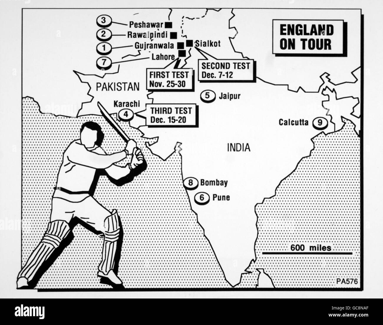 Cricket - England World Cup Tour 1987. Karte der Austragungsorte des Cricket World Cup 1987 in Pakistan und Indien Stockfoto