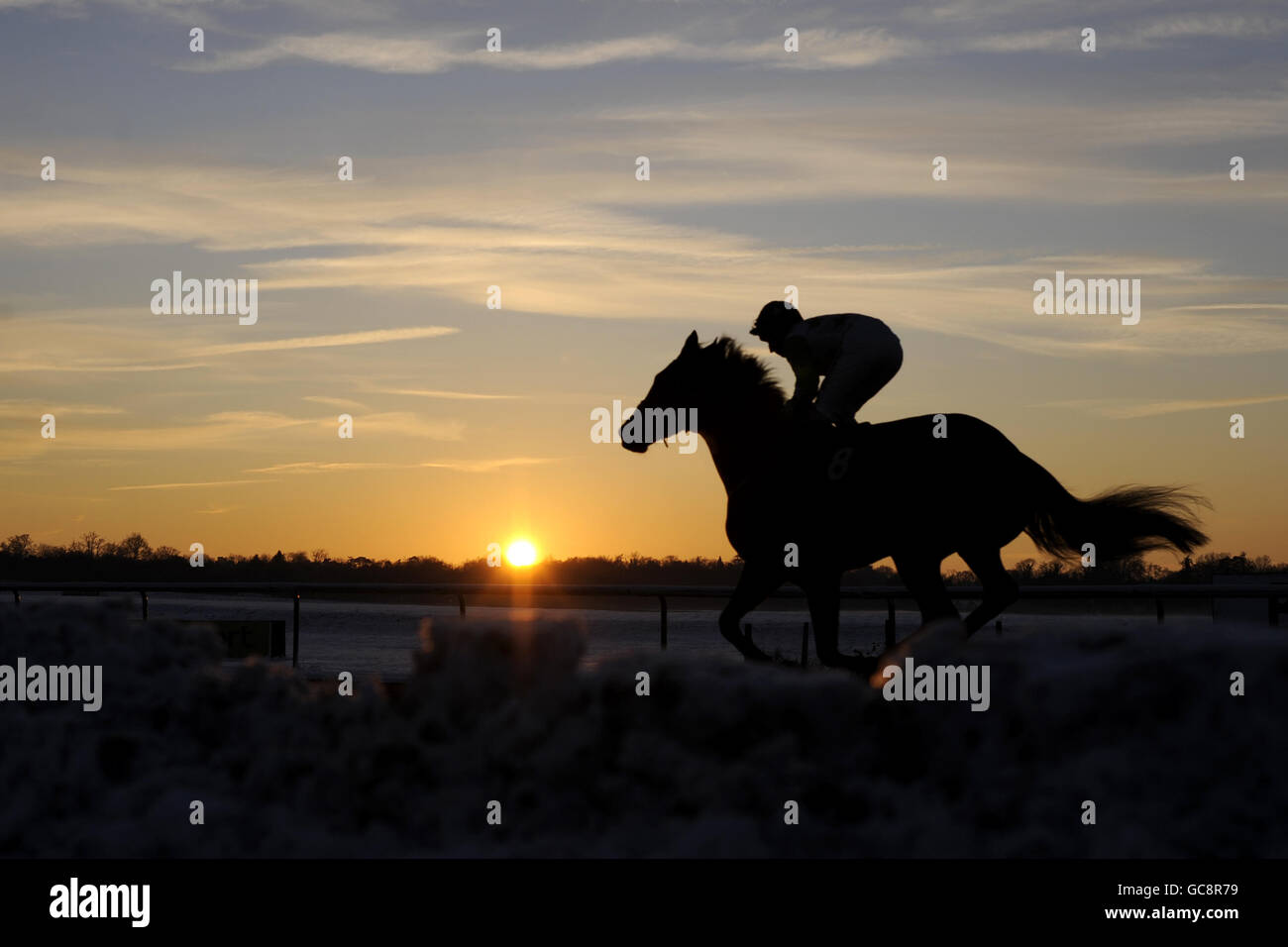 Pferderennen - Rennbahn Lingfield. Ein Blick auf den Sonnenuntergang über der Rennbahn Lingfield Stockfoto