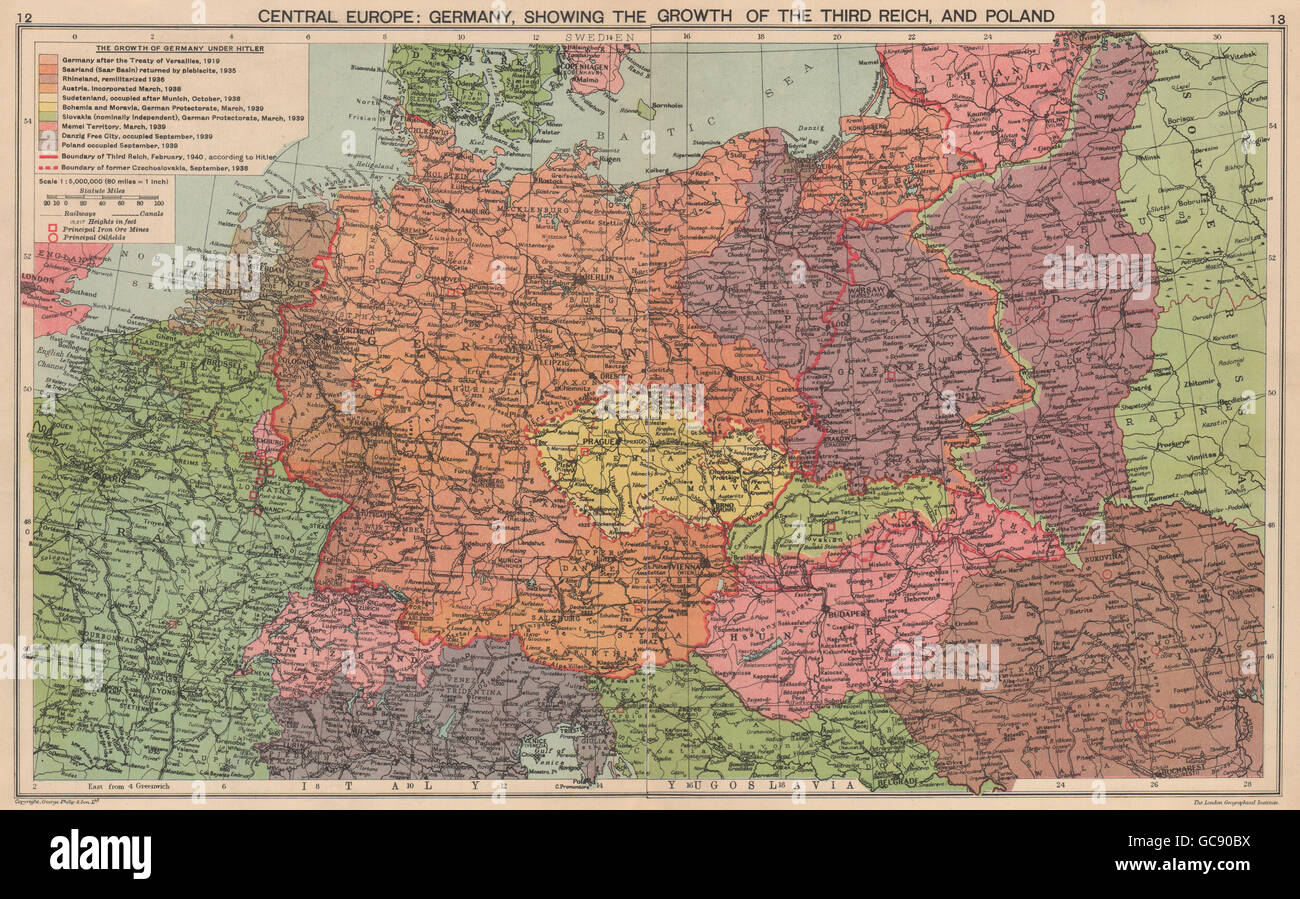 NAZI-DEUTSCHLAND. Wachstum des Dritten Reiches. Besetzten Polen Sudetenland & c, 1940 Karte Stockfoto