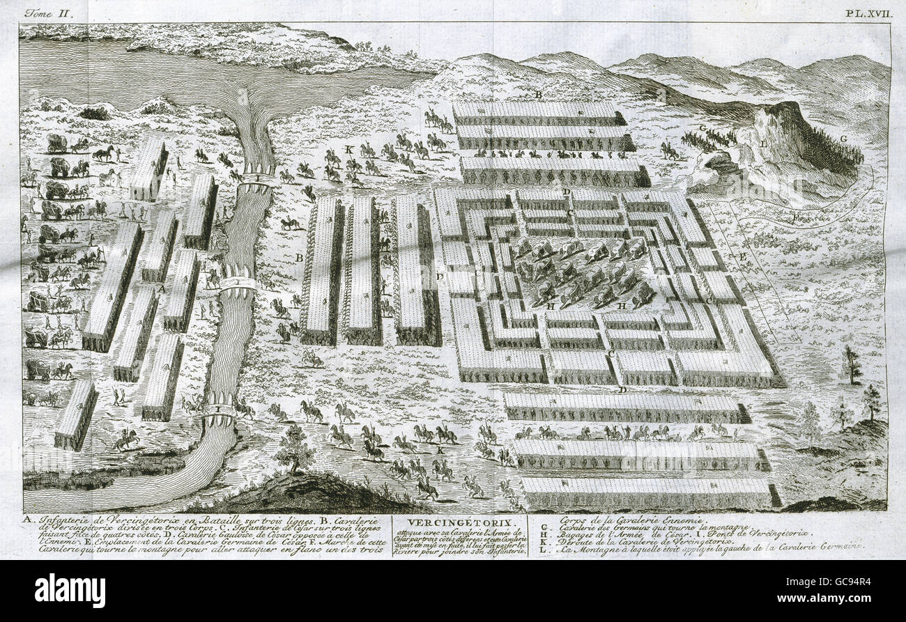 Julius Caesar (100-44 v. Chr.). Römischer Feldherr, Politiker und Schriftsteller. Gallischen Krieg. Commentarii de Bello Gallico (Kommentare über den Gallischen Krieg). Schlacht von Alesia, 52 v. Chr.. Kämpfen Sie mit Vercingetorix (82-46 v. Chr.) Stockfoto