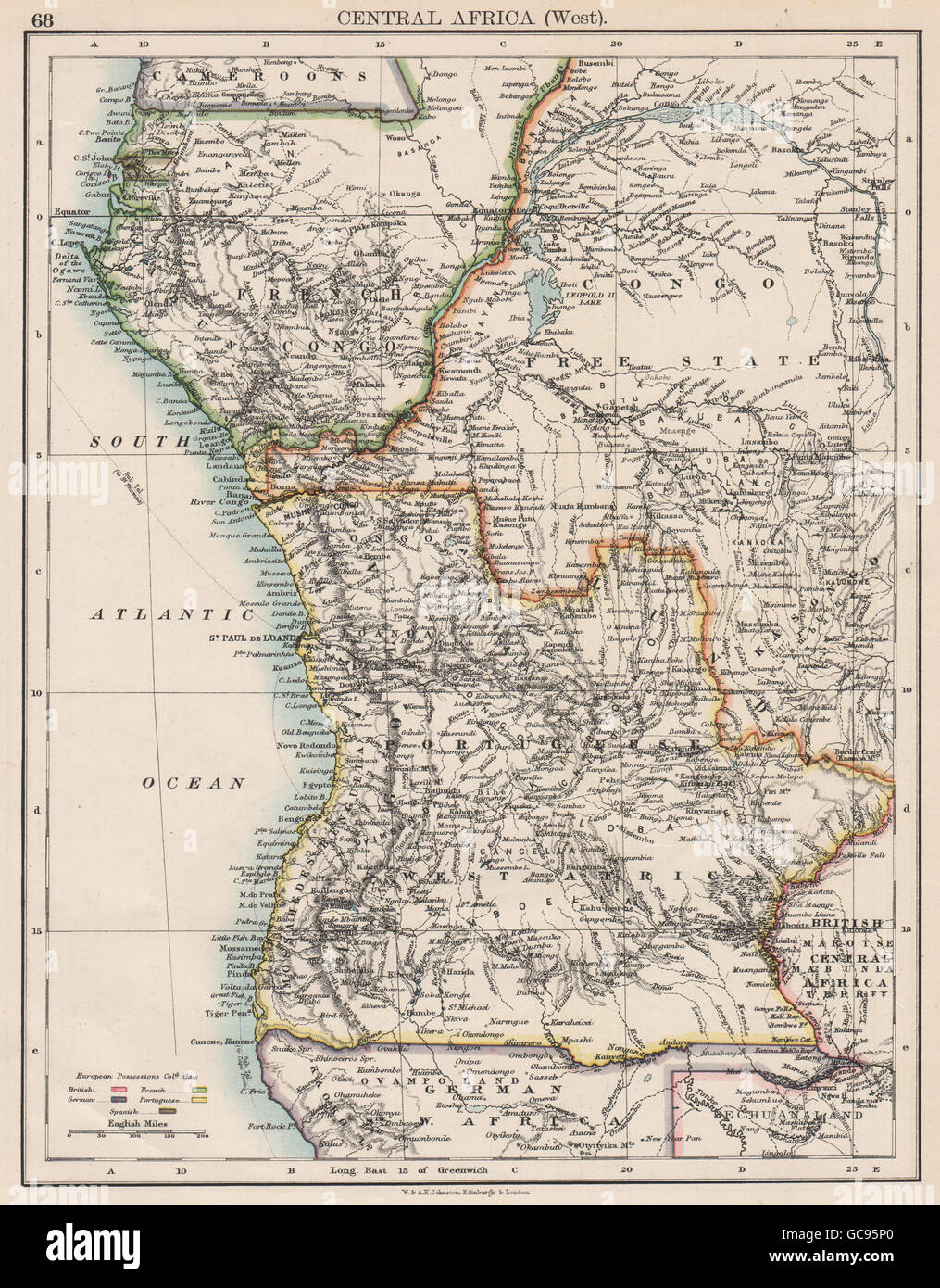 KOLONIALEN ZENTRALAFRIKA. Französisch Kongo-Freistaat portugiesischen West Af. , 1897 Karte Stockfoto