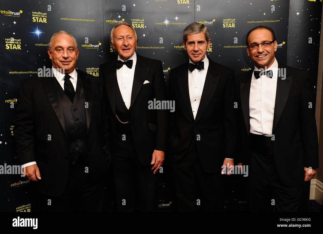 (Von links nach rechts) Sir Philip Green, Harold Tilman, Stuart Rose und Theo Paphitis kommen am Retail Trust London Ball im Grosvenor House Hotel in London an. Stockfoto