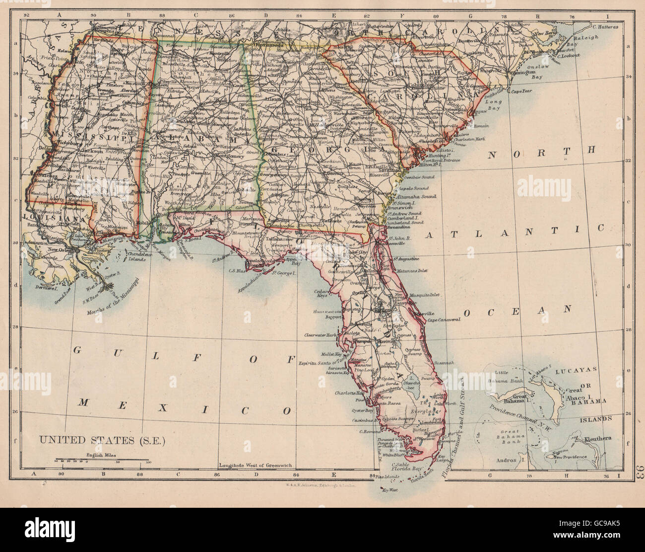 DEEP SOUTH USA. Florida South Carolina Georgien Alabama Mississippi USA, 1897-Landkarte Stockfoto