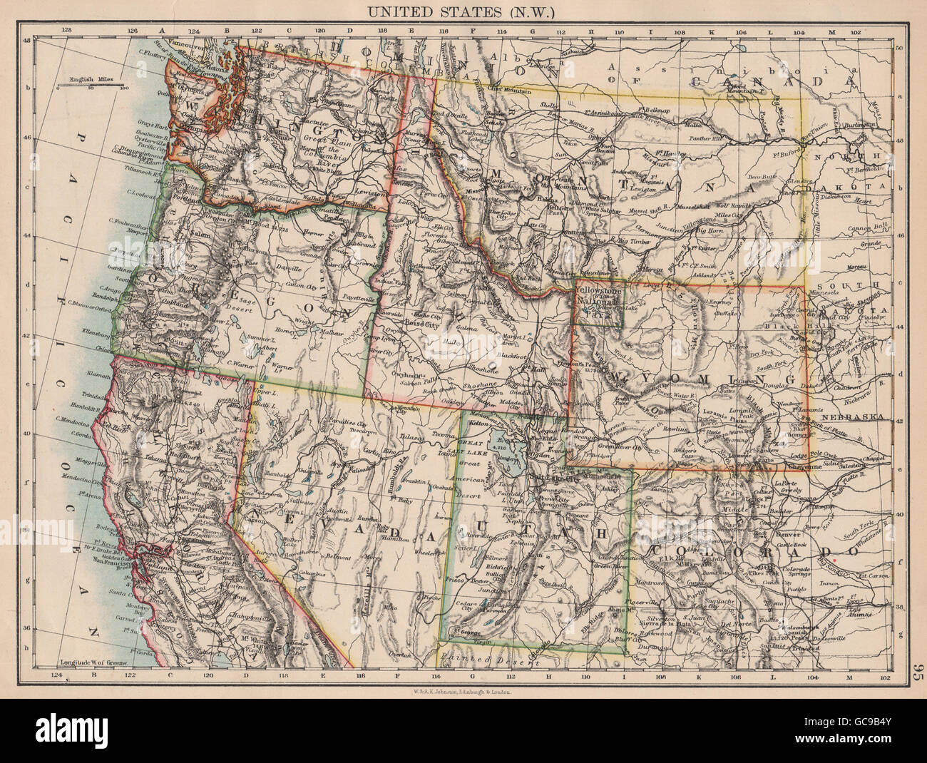 USA-NORD-WEST. Washington-Oregon-ID MT WY Utah Nevada CA. JOHNSTON, 1897-Karte Stockfoto