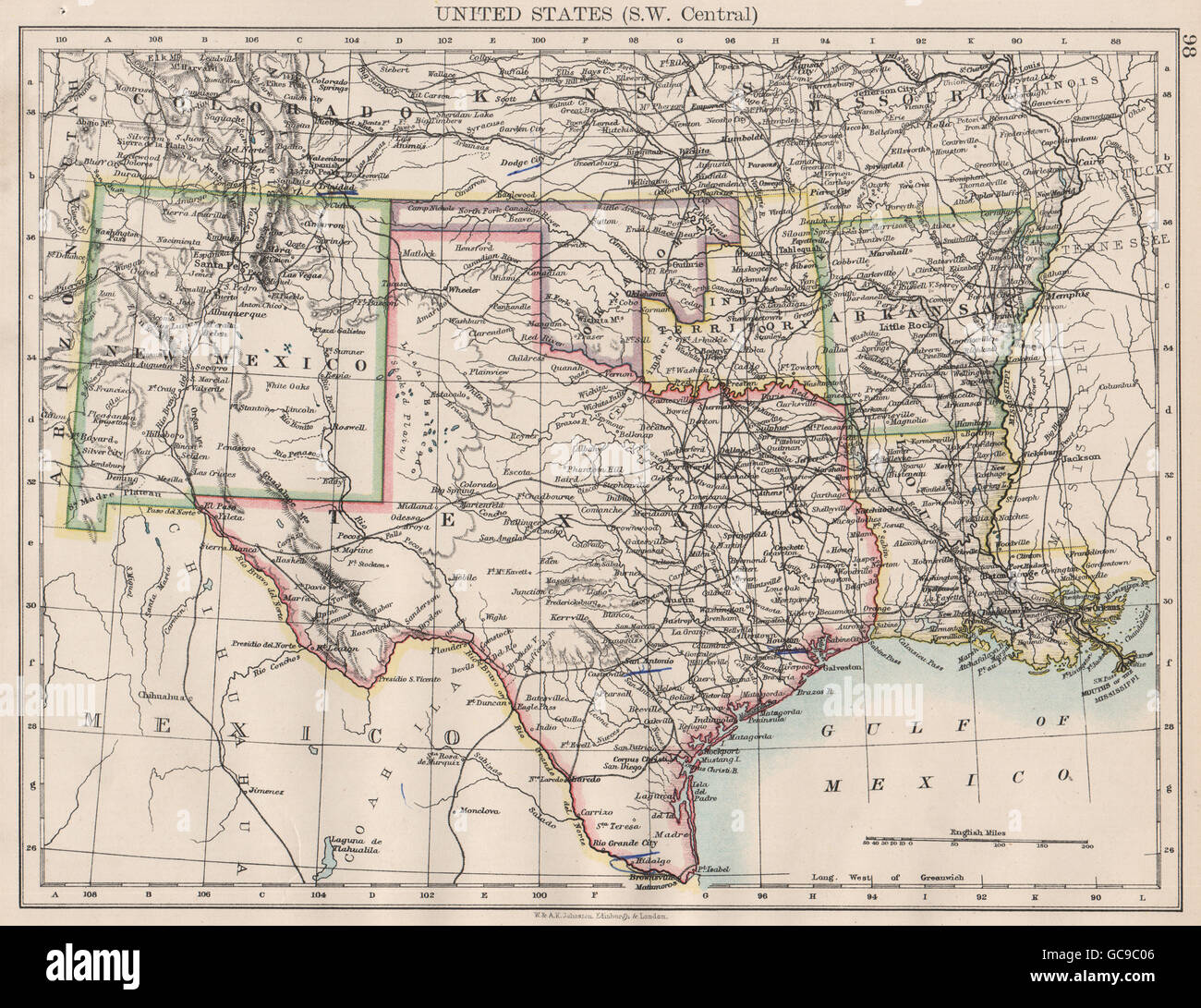 USA SOUTH CENTRAL. Texas "Indianer-Territorium" OK AR LA NM. JOHNSTON, 1897-Karte Stockfoto
