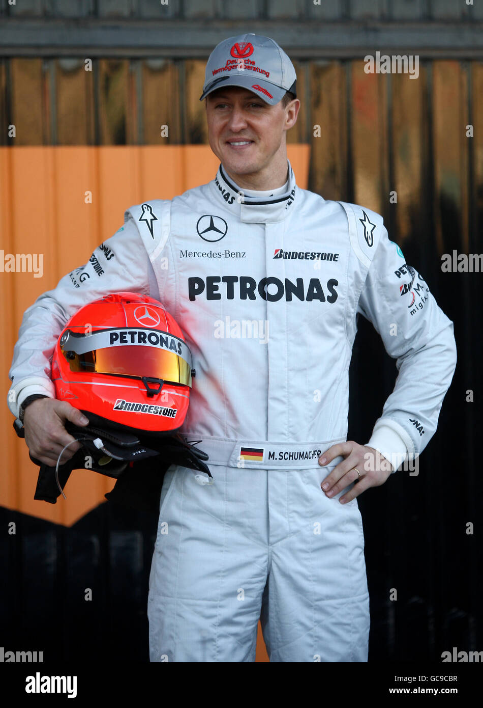 Mercedes-GP-Pilot Michael Schumacher während einer Fotoanlauf auf dem Circuit de la Comunitat Valenciana Ricardo Tormo, Valencia, Spanien. Stockfoto