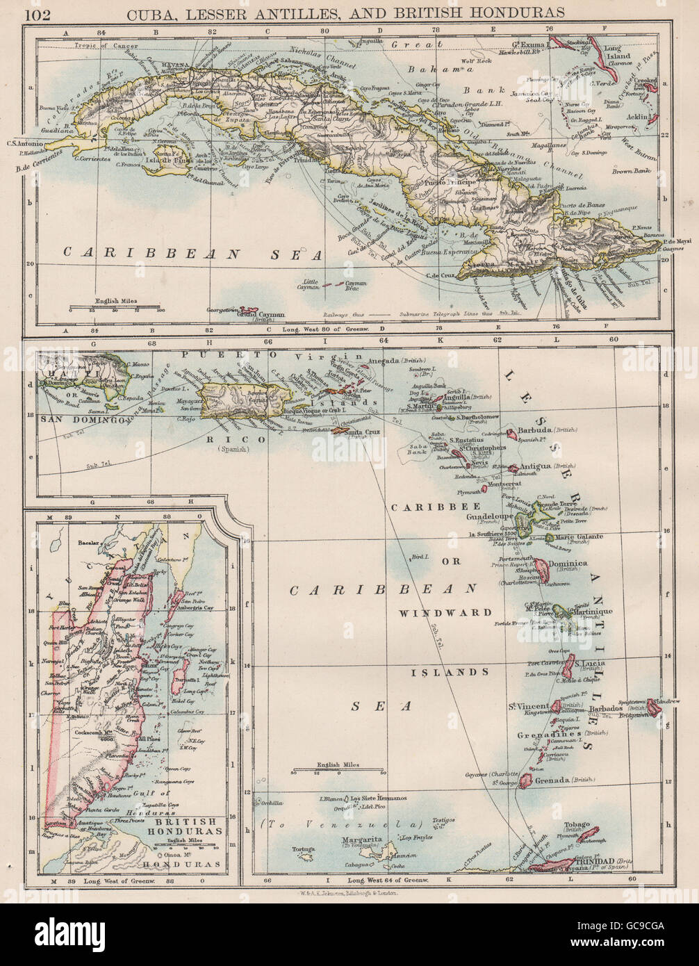 KARIBIK-INSELN. Kuba Britisch-Honduras Caribbee/Luv. JOHNSTON, 1897-Karte Stockfoto