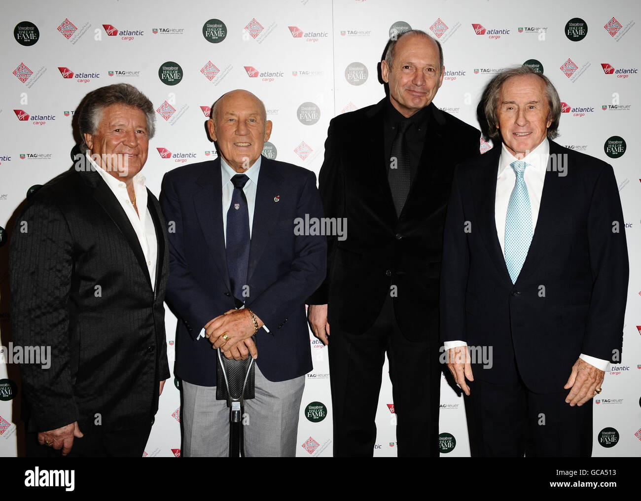 (Von links) Mario Andretti, Sir Stirling Moss, Ron Dennis und Sir Jackie Stewart treffen in der ersten Motorsport Hall of Fame im Roundhouse in Camden, London, ein. Stockfoto