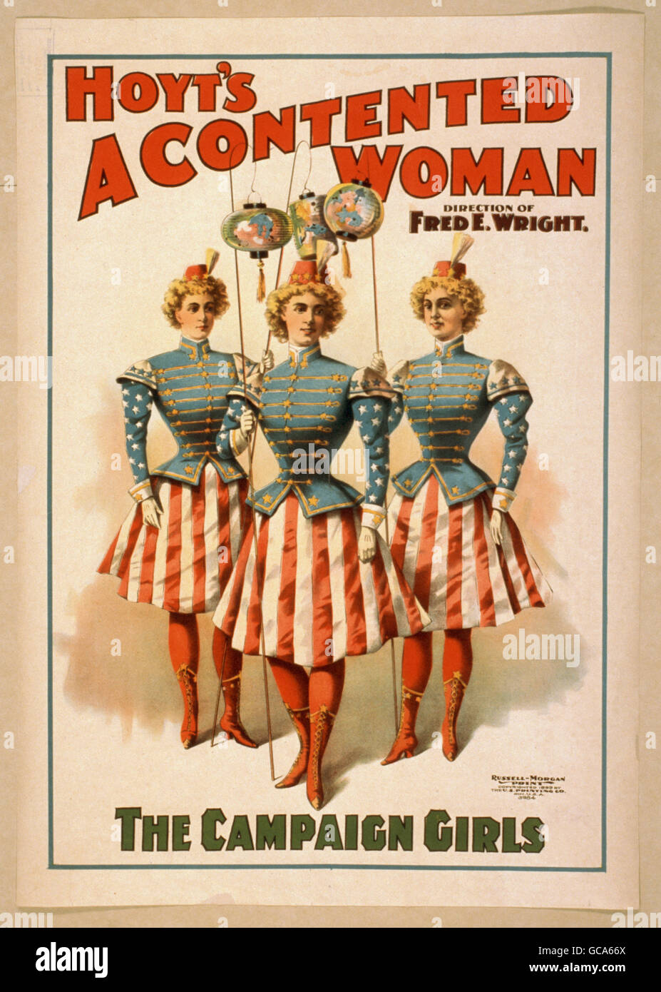 Plakat für ein 1899-Theater-Produktion mit patriotisch gekleidete Frauen. Stockfoto
