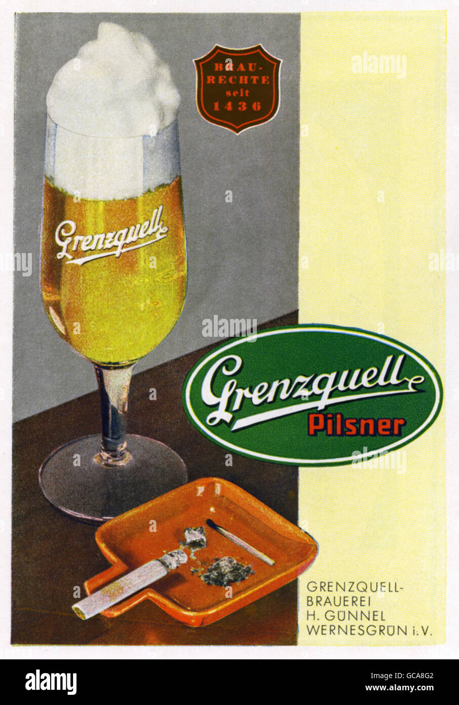 Werbung, Alkohol, Bier, Grenzquell Pilsner, Grenzquell Brauerei, H. Guennel, Wernesgruen, Werbung, Deutschland, 1942, Additional-Rights-Clearences-not available Stockfoto