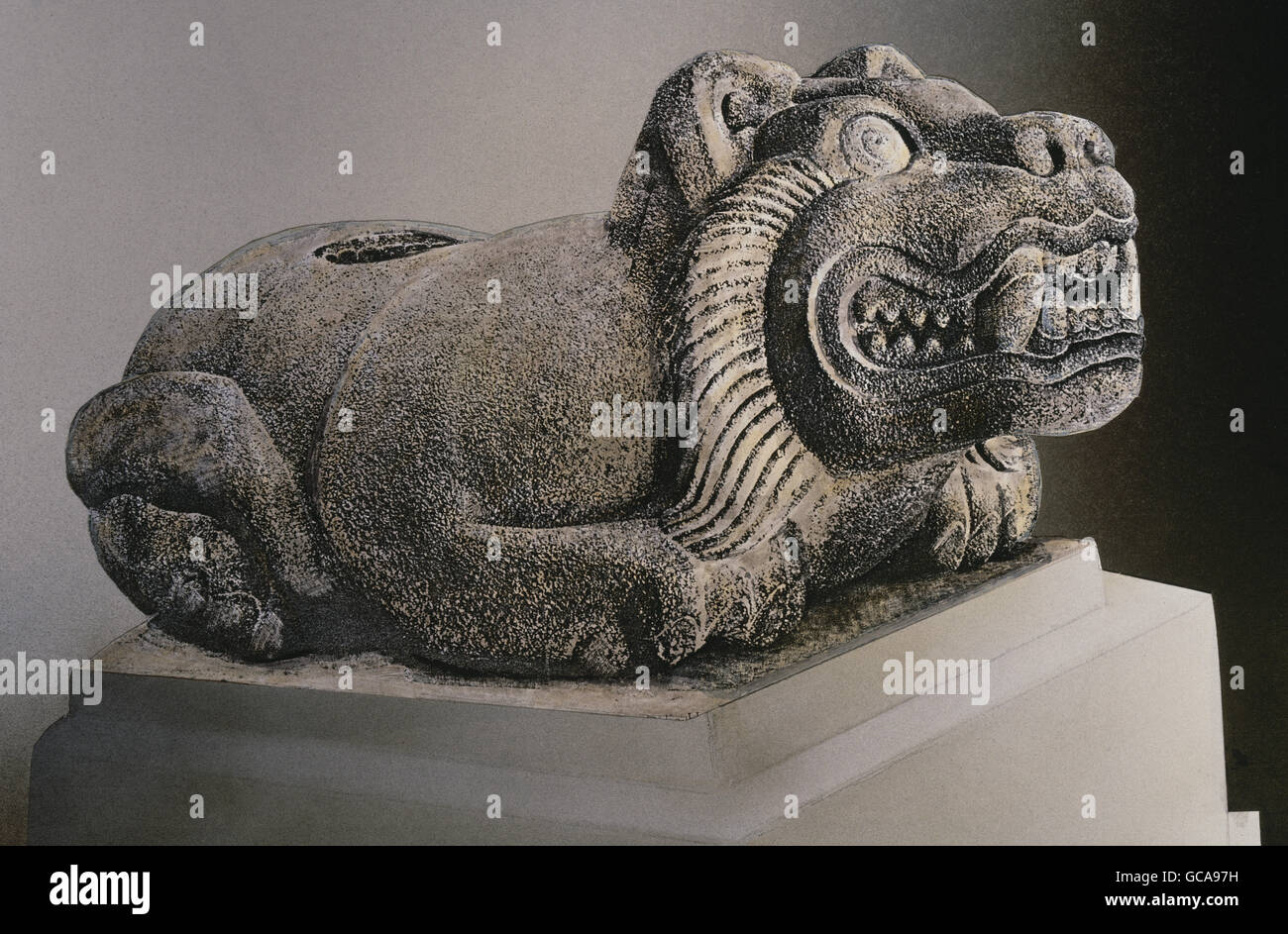 Bildende Kunst, Mesoamerika, Aztec, Skulptur, Stein vesel in Form eines heiligen Jaguar, Oelocuauhxicalli, Mexiko, 15. Jahrhundert, Museo Nacional de Antropologia, Cuidad Mexiko,, Artist's Urheberrecht nicht gelöscht werden Stockfoto