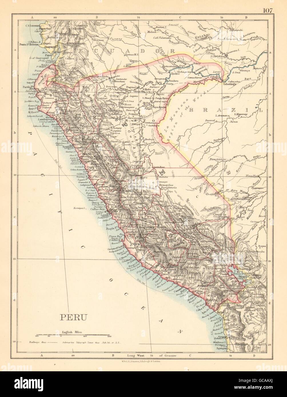 Peru. Grenze wie vor Peru-Ecuador Krieg (1941). JOHNSTON, 1897 Antike Landkarte Stockfoto