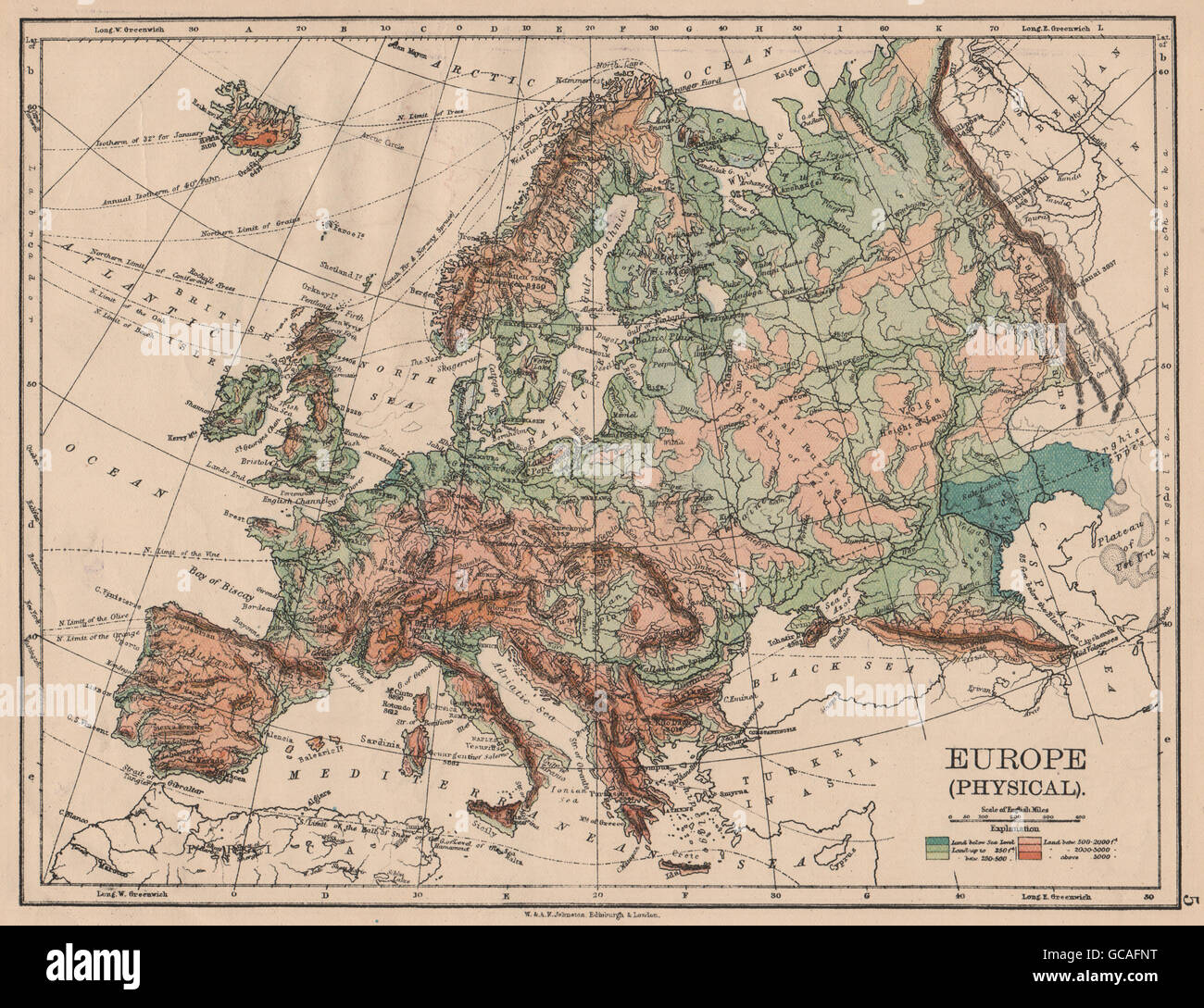 EUROPA PHYSISCHE. Relief Meerestiefen Schlüssel Bergen Ebenen. JOHNSTON, 1897-Karte Stockfoto