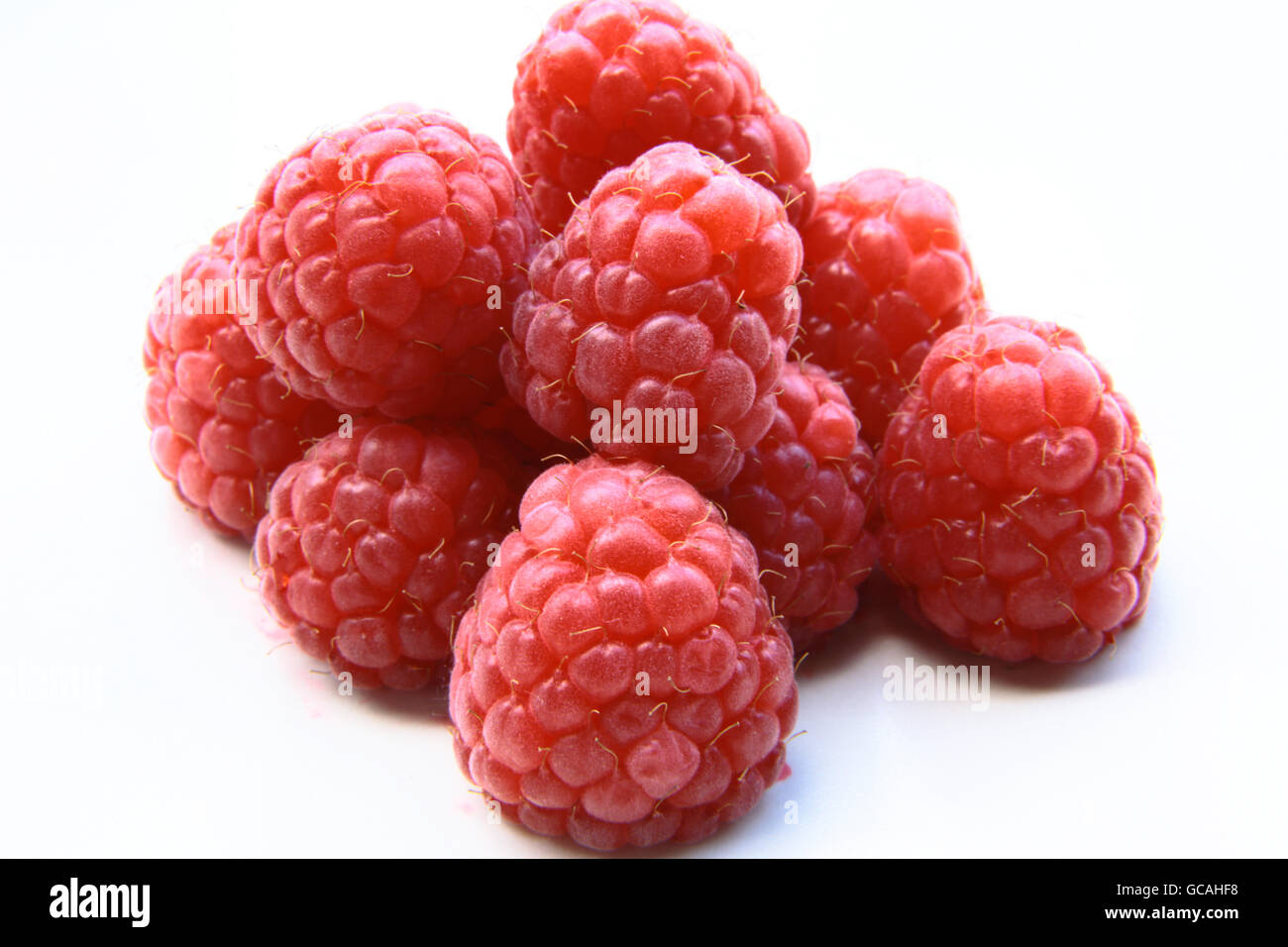 Nahaufnahme einer Reihe von roten Himbeeren Stockfoto