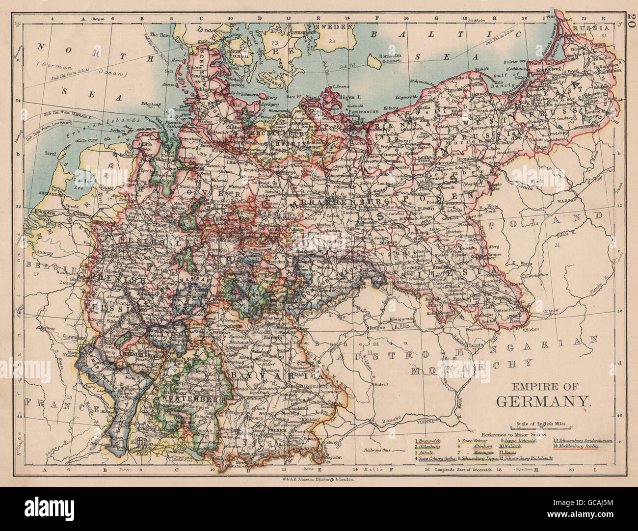 REICH VON DEUTSCHLAND. Staaten. Preußen Bayern Elsass-Lothringen. JOHNSTON, 1897-Karte Stockfoto