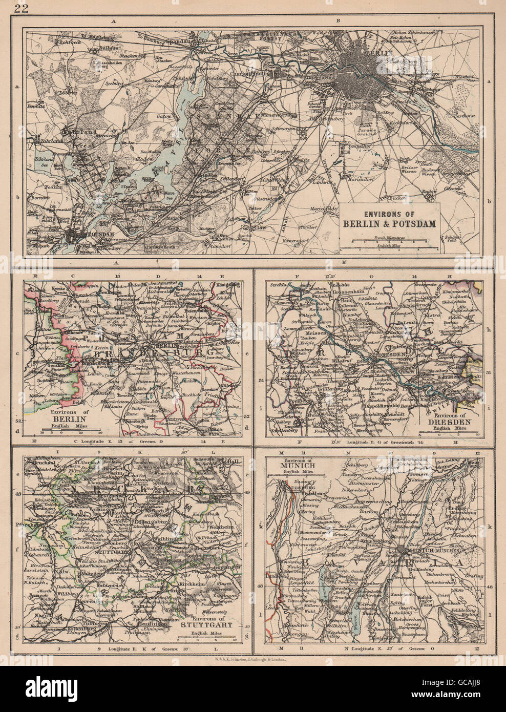 DEUTSCHE STÄDTE. Berlin-Potsdam-Dresden-Stuttgart-München. JOHNSTON, 1897 alte Karte Stockfoto